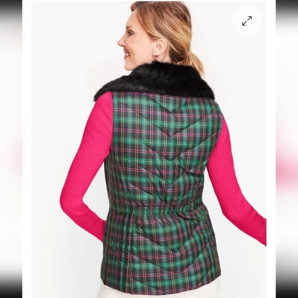 NWT TALBOTS | Down Faux Fur Collar Puffer Vest Tartan Green Sz M - Picture 2 of 7